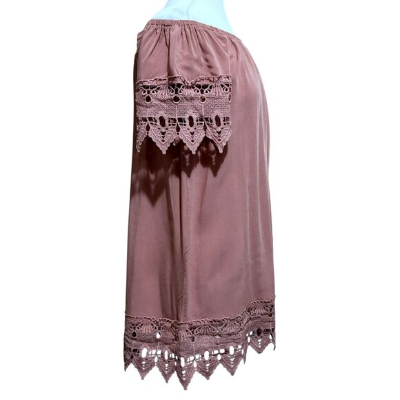Iris Off Shoulder Mauve Cover-Up Dress Lace Sleeves Hem Cotton Shift Boho Sz S - Picture 4 of 8